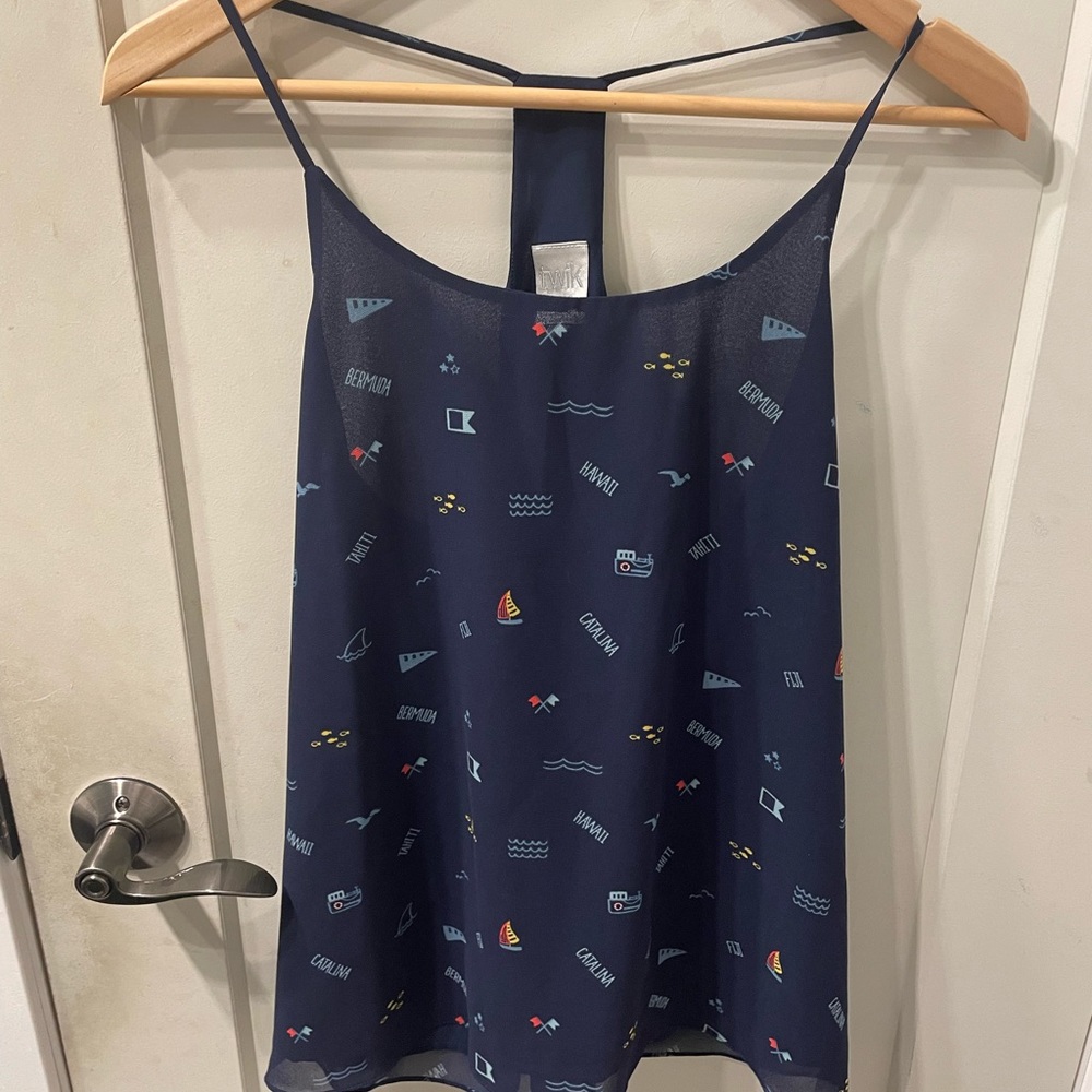 Simon’s navy blue sailing print racer back tank